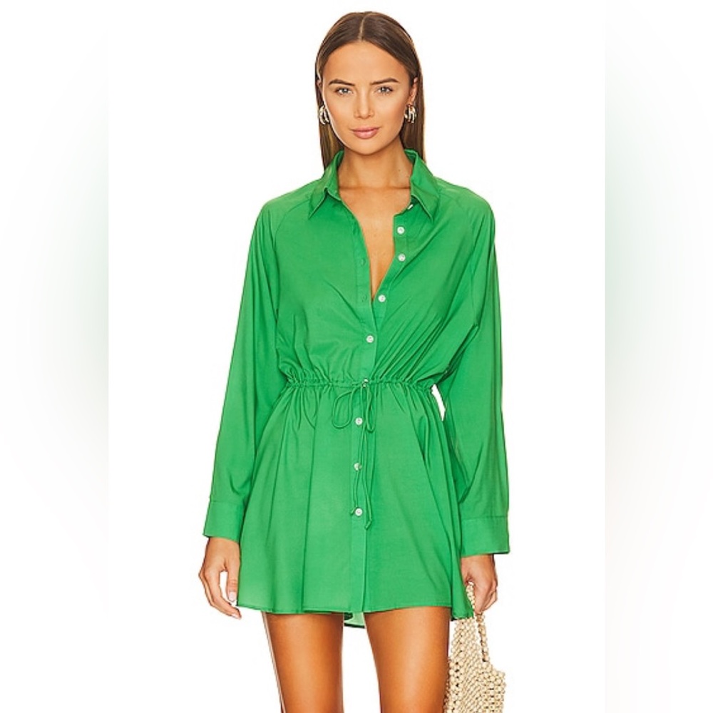 Plush Mini Shirt Dress with Tie in Kelly Green